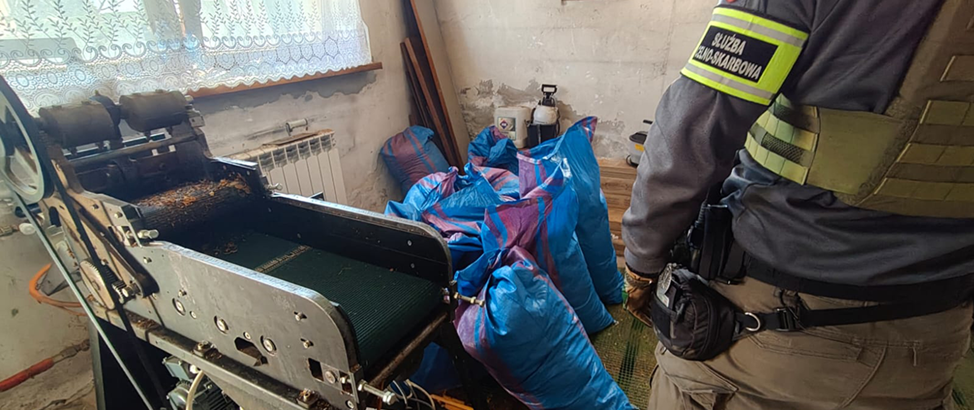 Pomieszczenie gospodarcze z niedużymi oknami, po lewej stronie niewielka krajalnica do tytoniu, po prawej widać funkcjonariusza Służby Celno-Skarbowej, pośrodku stoi kilka niebieskich worków.
