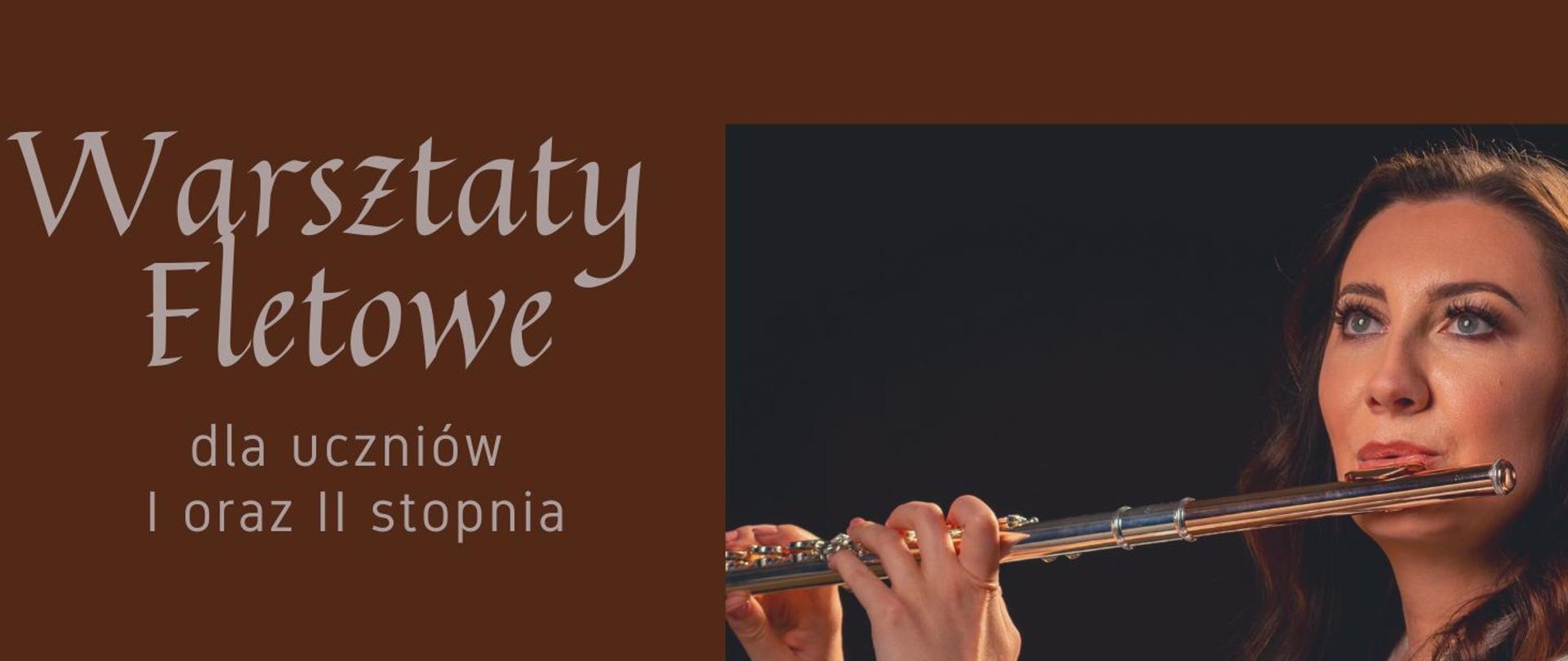 Na brązowym tle szare napisy informujące o wydarzeniu. Po prawej stronie wklejone zdjęcie prowadzącej warsztaty. W lewym dolnym rogu logo szkoły w białym kolorze.