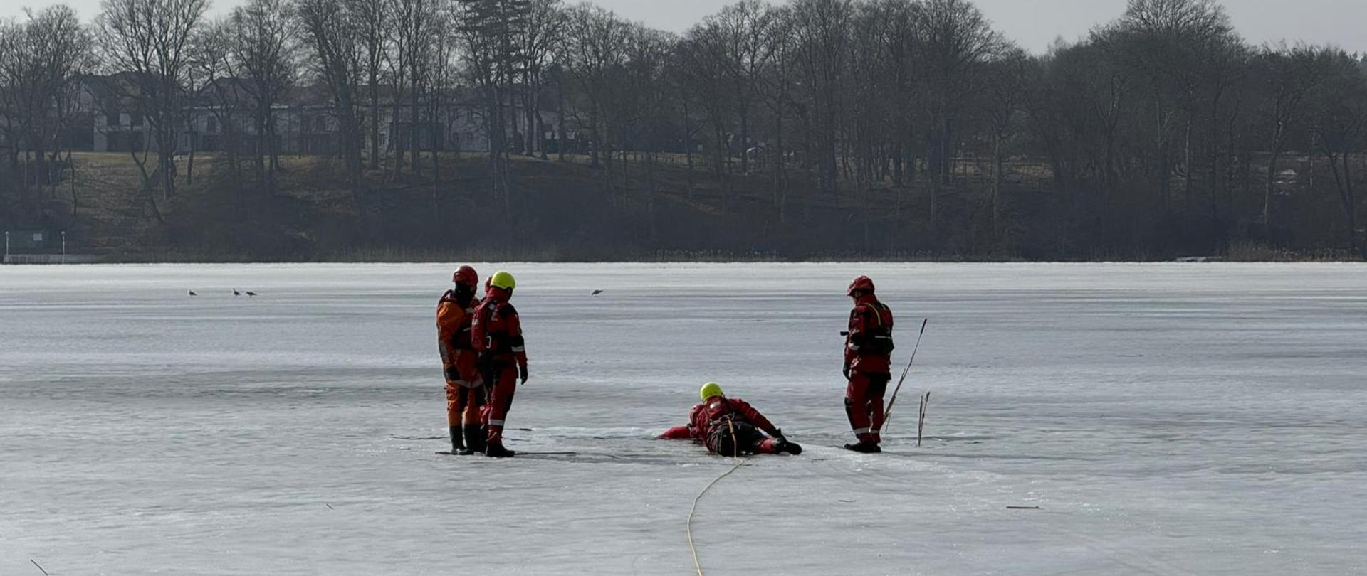 Na zdjęciu widać strażaków stojących na lodzie, jeden schodzi do wyciętego przerębla. 