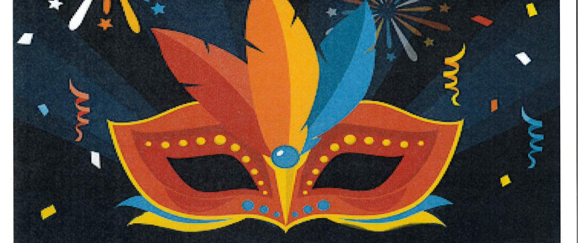 Plakat zapraszający na bal karnawałowy dla uczniów szkoły muzycznej. Na ciemnym tle znajduje się kolorowa maska karnawałowa z piórami w odcieniach czerwieni, żółci i niebieskiego, otoczona grafikami fajerwerków i konfetti. Na plakacie widnieje tekst: „Zapraszamy! Bal karnawałowy”. Informacja o atrakcjach, poczęstunku i zabawie oraz przypomnienie o przebraniu. Termin wydarzenia: 16 stycznia (piątek), godzina 17:00–19:00.