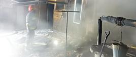 Strażak przed drewnianym budynkiem gospodarczym, który uległ nadpaleniu. W tle rozwinięta linia gaśnicza. 