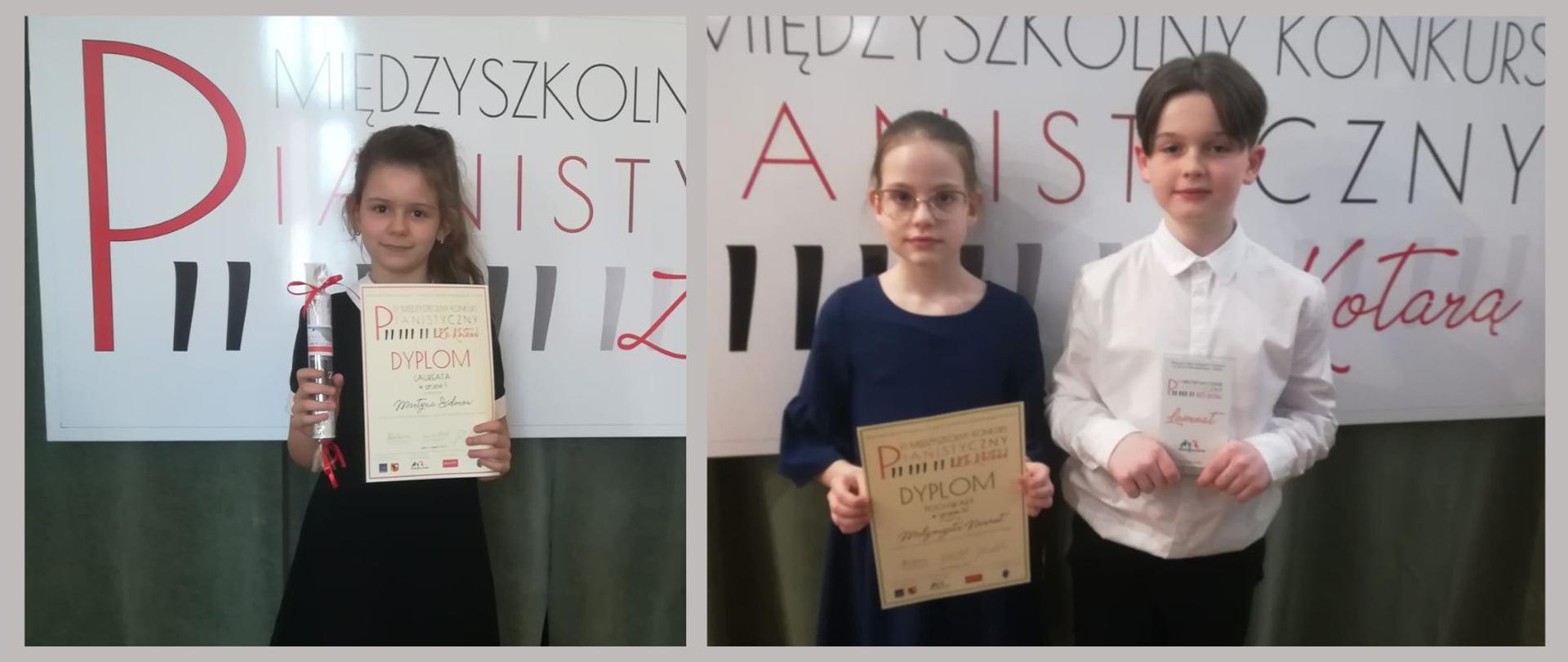 Uczniowie z dyplomami i nagrodami na tle banneru Międzyszkolnego Konkursu Pianistycznego "Za Kotarą" w Lesznie.