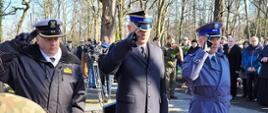 Przedstawiciele służb podległych Ministerstwu Spraw Wewnętrznych i Administracji oddają honory przed grobem po złożeniu wieńca.