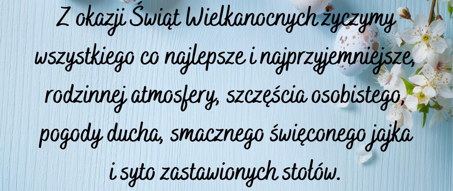Kartka z życzeniami świątecznymi na niebieskim tle z ikonografią świąt wielkanocnych