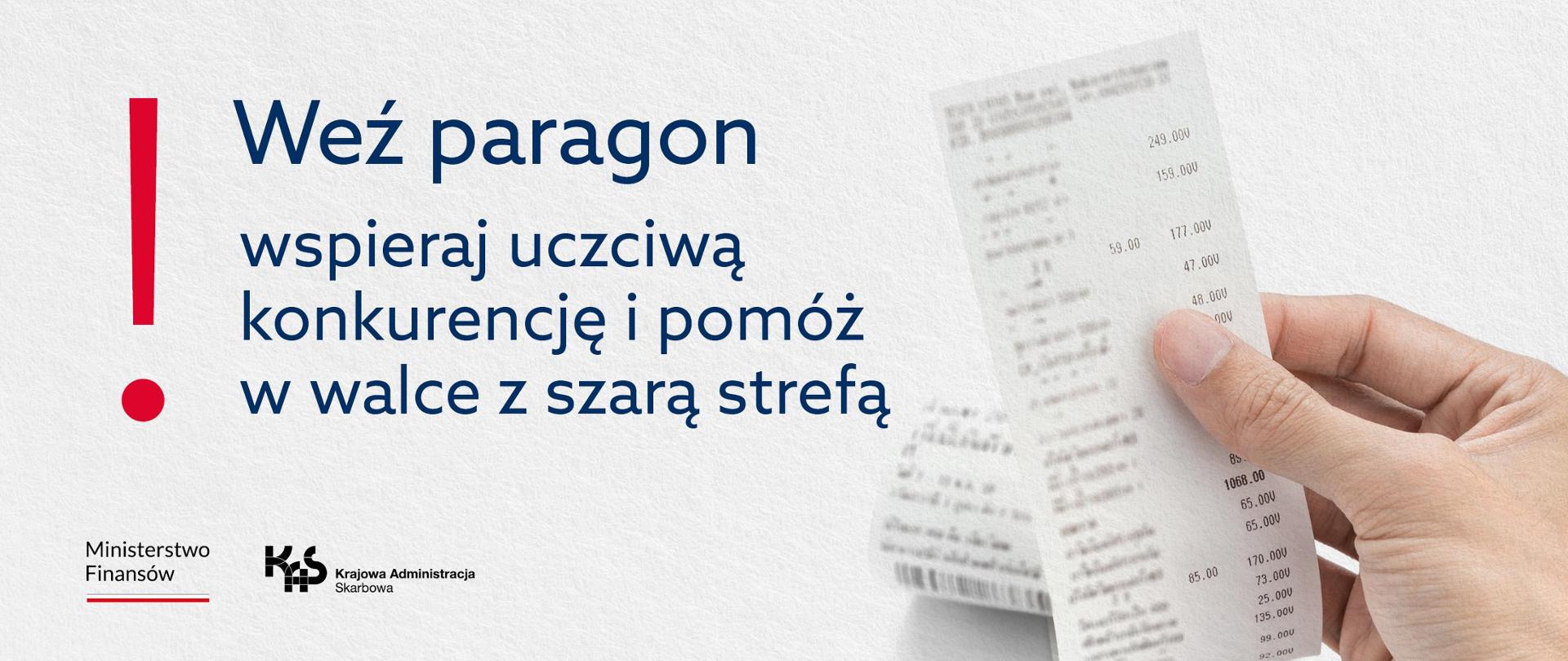Grafika z paragonem i napisem: Weź paragon – wspieraj uczciwą konkurencję i pomóż w walce z szarą strefą