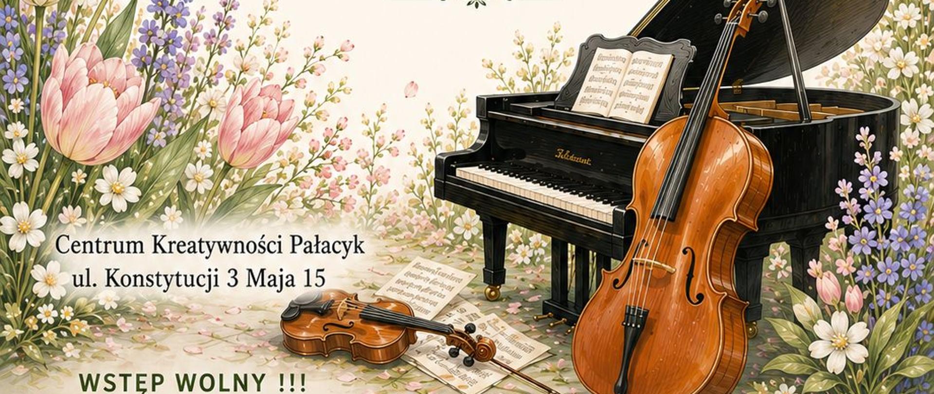 Plakat zapraszający na koncert edukacyjny „W wiosennym nastroju” z cyklu „Popołudnie z Muzyką Klasyczną”. Tło w jasnym, kremowym kolorze ozdobione jest wiosennymi kwiatami: gałązkami kwitnącej wiśni u góry, tulipanami, lawendą i drobnymi białymi kwiatami po bokach i u dołu.
Na górze plakatu znajduje się logo Państwowej Szkoły Muzycznej I stopnia w Starachowicach po lewej stronie i logo Centrum Kreatywności Pałacyk po prawej. Poniżej tekst: „Państwowa Szkoła Muzyczna I stopnia im. Feliksa Rybickiego w Starachowicach & Centrum Kreatywności Pałacyk serdecznie zapraszają na koncert edukacyjny”.
Centralnie widnieje tytuł „W wiosennym nastroju” oraz podtytuł „z cyklu POPOŁUDNIE Z MUZYKĄ KLASYCZNĄ”. Poniżej data i godzina: „11.06.2026 r. godz. 17.00” oraz informacja „Wystąpią uczniowie oraz nauczyciele PSM I stopnia w Starachowicach”.
Na dole plakatu ilustracja fortepianu, wiolonczeli i skrzypiec leżących na nutach wśród kwiatów. Pod spodem adres: „Centrum Kreatywności Pałacyk, ul. Konstytucji 3 Maja 15” oraz napis „WSTĘP WOLNY!!!”.
Plakat ma charakter elegancki i wiosenny, utrzymany w pastelowej kolorystyce z motywem muzycznym i kwiatowym.