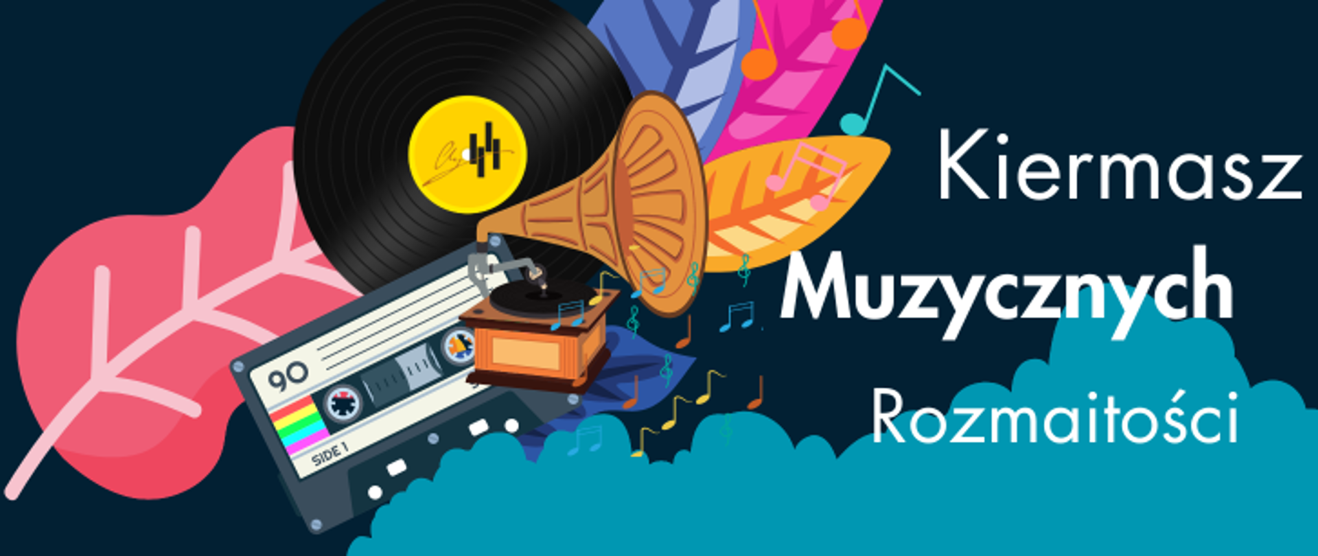 Plakat wielokolorowy. Dolna część to niebieskie obłoki. Część plakatu to kolorowe akcesoria muzyczne, Są to płyta winylowa, gramofon, kaseta magnetofonowa. Za tymi akcesoriami kolorowe duże liście oraz rozrzucone kolorowe nutki. Lewa część to pełna nazwa wydarzenia na ciemnym tle. Logo szkoły zamieszczone jest w środku płyty winylowej w górnym lewym rogu. Na plakacie znajdują się następujące informacje: Kiermasz Muzycznych Rozmaitości