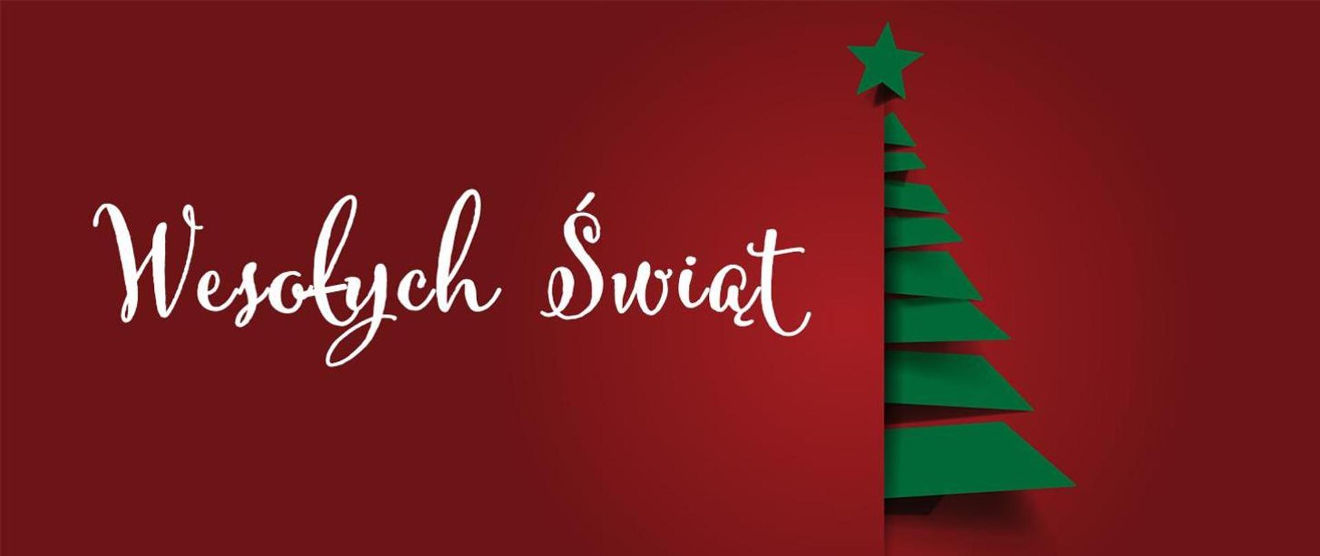Napis Wesołych Świąt na czerwonym tle z choinką