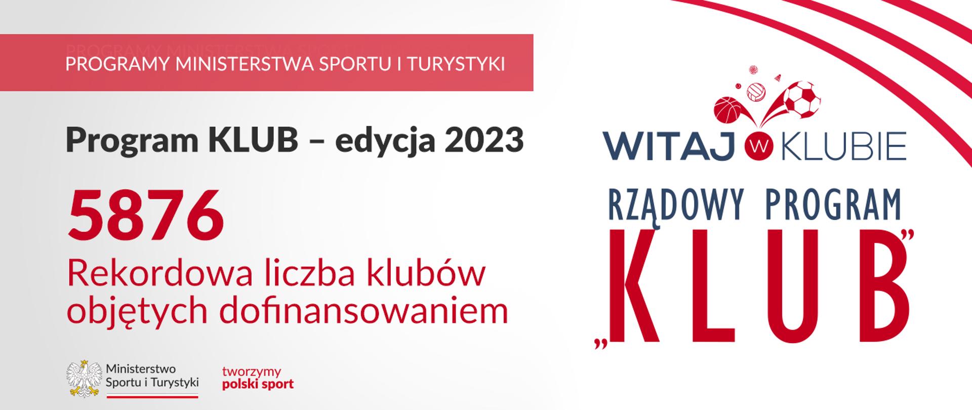 Grafika z napisem Program Klub - edycja 2023, poniżej liczba 5876 i napis Rekordowa liczba klubów objętych dofinansowaniem. Po prawej stronie grafiki widać logotyp programu - w nim napis Witaj w Klubie, Rządowy Program Klub i ikonki piłek do piłki nożnej, siatkówki i koszykówki