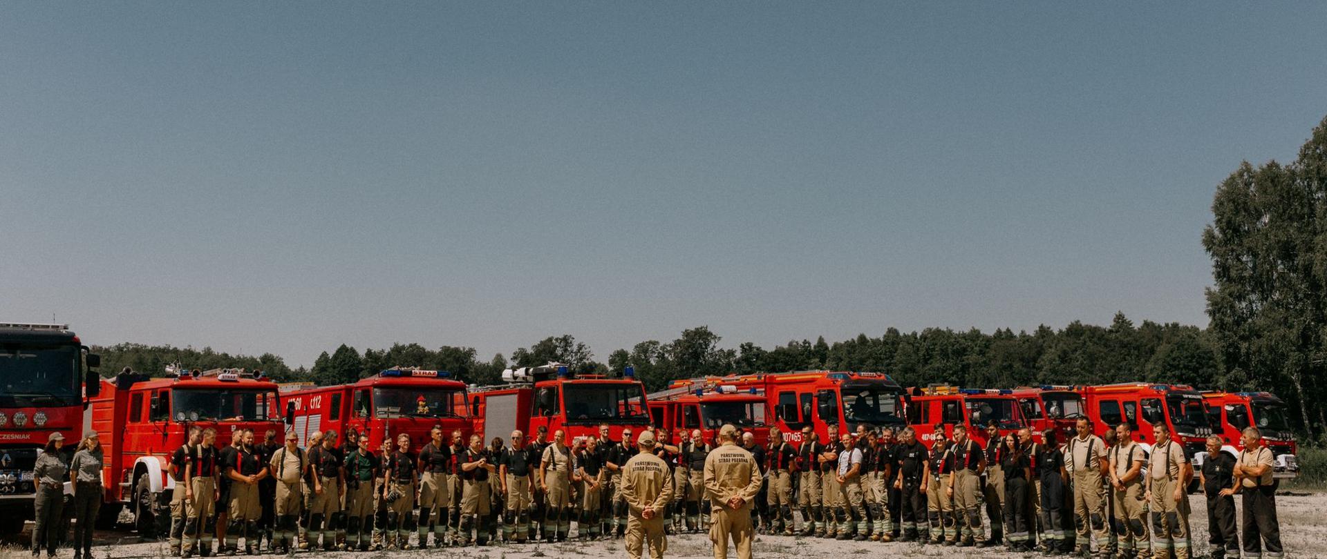 Ćwiczenia "LAS 2023" - zdjęcie przedstawia strażaków podczas podsumowania ćwiczeń w lesie