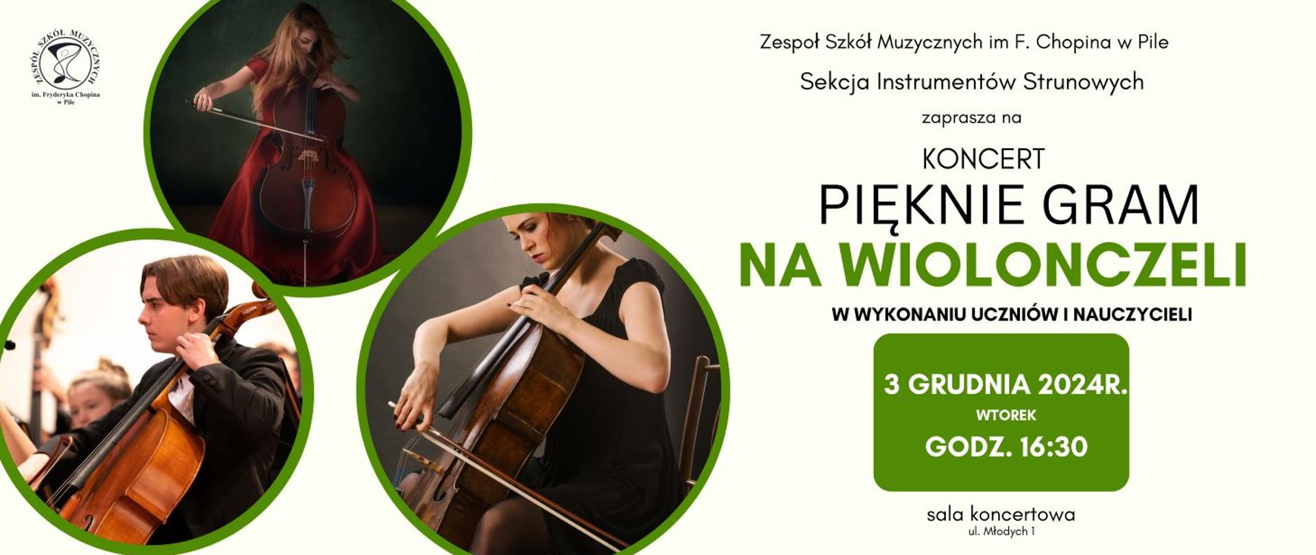 Na jasno zielonym tle po prawej stronie trzy kółka a w nich: 1. kobieta w długiej czerwonej sukni z rozwianymi długimi włosami gra na wiolonczeli, 2. kobieta w czarnej sukni z upiętymi włosami gra na wiolonczeli, 3. mężczyzna w białej koszuli i czarnej marynarce gra na wiolonczeli.