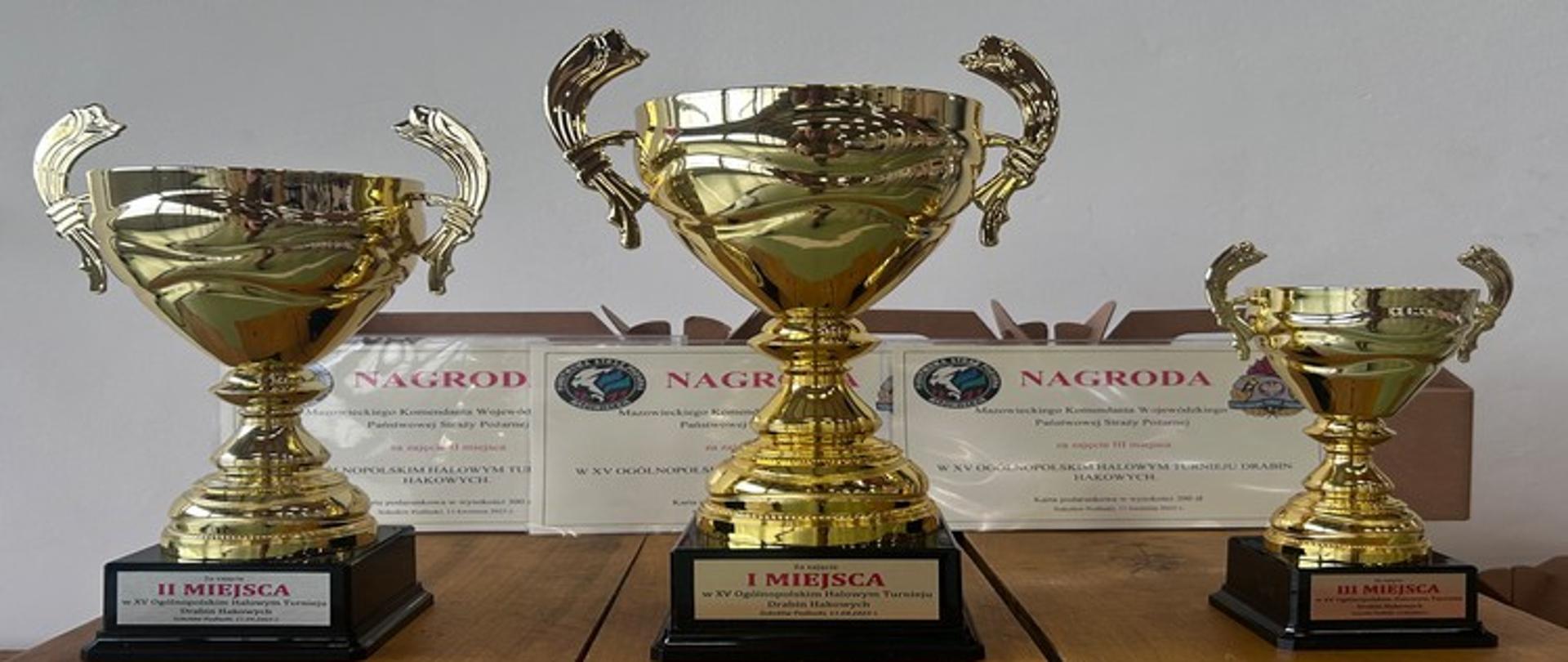 Zdjęcie przedstawia trzy złote puchary o różnych rozmiarach, stojące na drewnianej powierzchni. Największy puchar znajduje się pośrodku, a po jego lewej i prawej stronie stoją mniejsze puchary. Każdy puchar ma czarną podstawę z tabliczką. Na tabliczce środkowego, największego pucharu, widnieje napis "I MIEJSCA" oraz informacja o "XV Ogólnopolskim Halowym Turnieju Drabin Hakowych". Puchar po lewej stronie ma napis "II MIEJSCA", a puchar po prawej "III MIEJSCA". W tle widoczne są trzy białe kartki z napisem "NAGRODA" oraz logo, Mazowieckiego Komendanta Wojewódzkiego Państwowej Straży Pożarnej. Całość jest ustawiona na tle jasnej ściany.