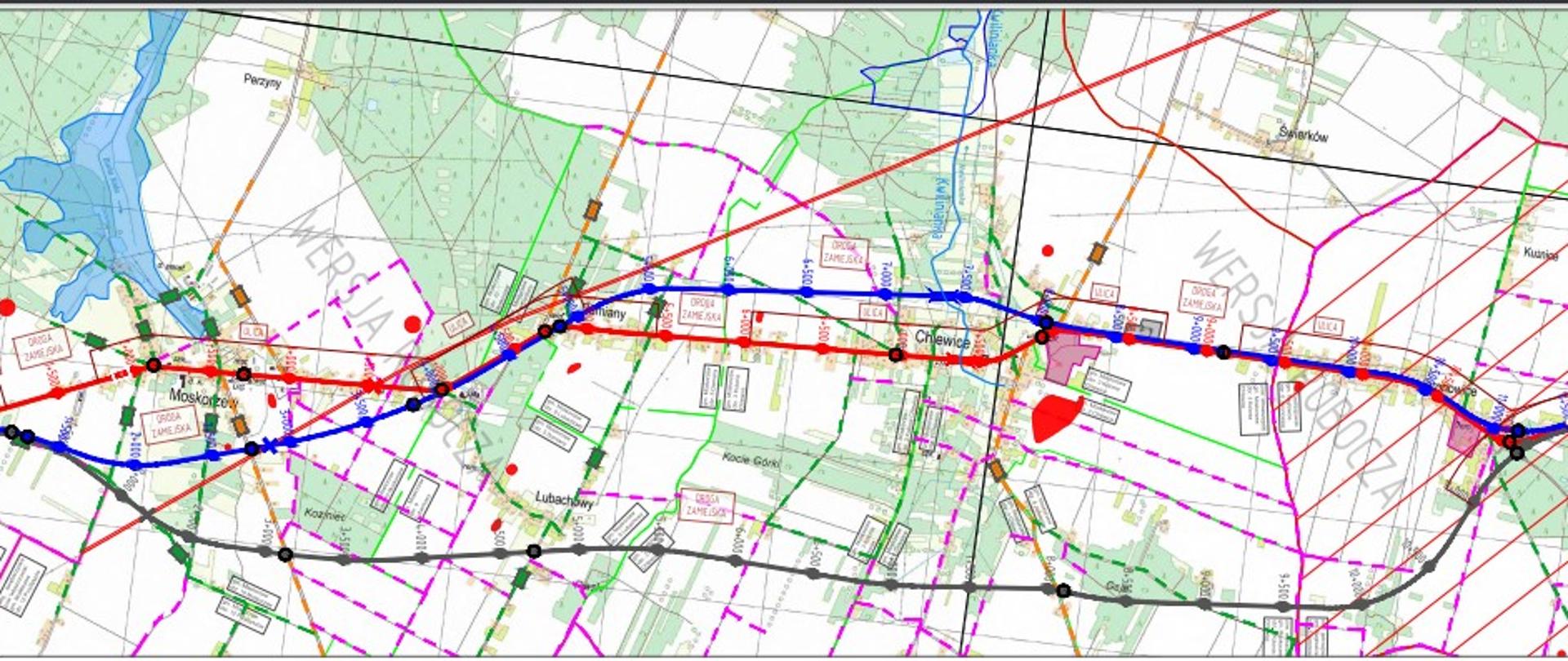 DK78 Goleniowy - Nagłowice - orientacja, na mapie zaznaczone różnymi kolorami trzy warianty przebiegu drogi 
