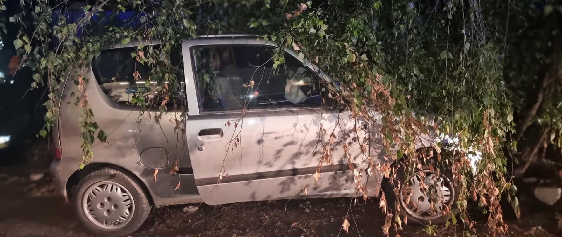 Widać samochód od prawego boku przy ogrodzeniu posesji