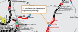 Przebieg drogi ekspresowej S7 w woj. małopolskim - mapa