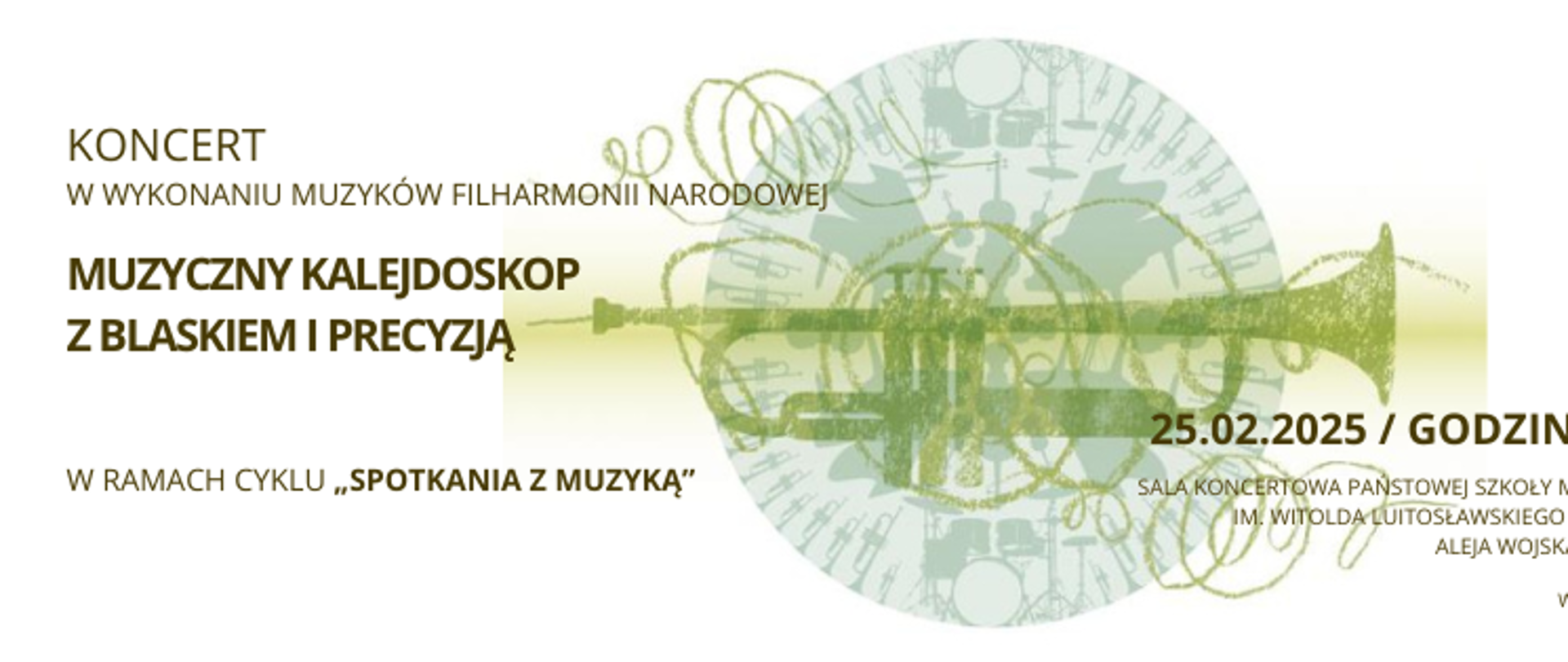 Na białym tle poziomego plakatu w głównej jego części przedstawiona jest grafika przedstawiająca trąbkę z profilu w kolorze bladozielonym wokół której ulokowana jest grafika kolorze niebieskim przedstawiające rzędy instrumentów orkiestrowych na tle błękitnego okręgu. W lewej części umieszczone są czarną czcionką informacje o koncercie - nazwa a poniżej tytuł koncertu. Pod grafiką po prawej stronie dokładna data i miejsce oraz informacja że wstęp jest bezpłatny w prawym dolnym rogu.