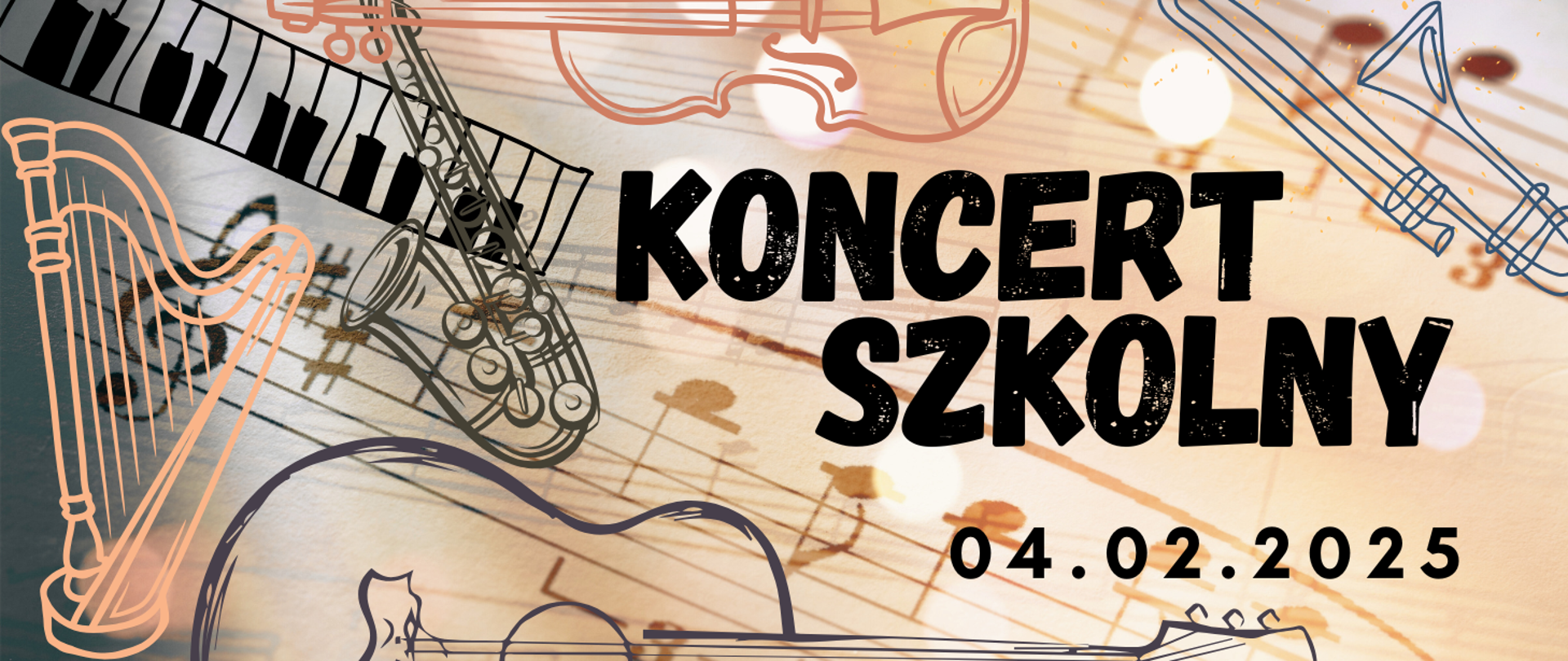 Tło grafiki to pięciolinie z nutami o różnej intensywności (kolorystyka jasno pomarańczowo-niebieska). Na tym tle znajdują się kontury instrumentów tj. Harfa (jasno pomarańczowa), klawiatura fortepianowa (czarna), saksofon (niebieski), gitara (fioletowa), skrzypce (pomarańczowe), puzon (zgniły zielony) oraz czarne napisy KONCERT SZKOLNY 04.02.2025
