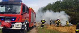 Na zdjęciu widać strażaków podczas gaszenia pożaru słomy