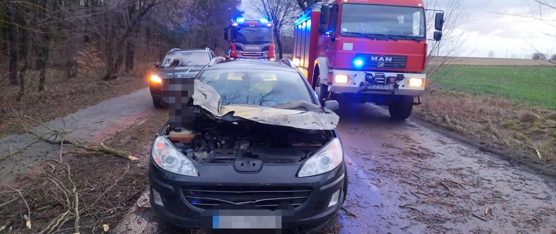 Na drodze powiatowej nr 2515 stoi samochód osobowy z uszkodzoną karoserią. Przy samochodzie leży pocięty konar, który uszkodził karoserię samochodu Peugot.