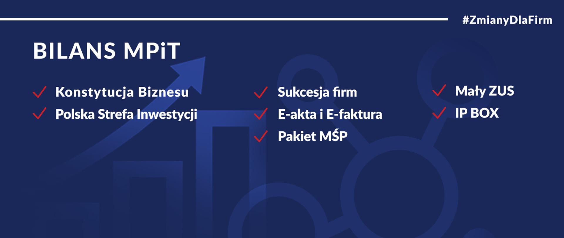 Na niebieskim tle wymienione najważniejsze działania MPiT