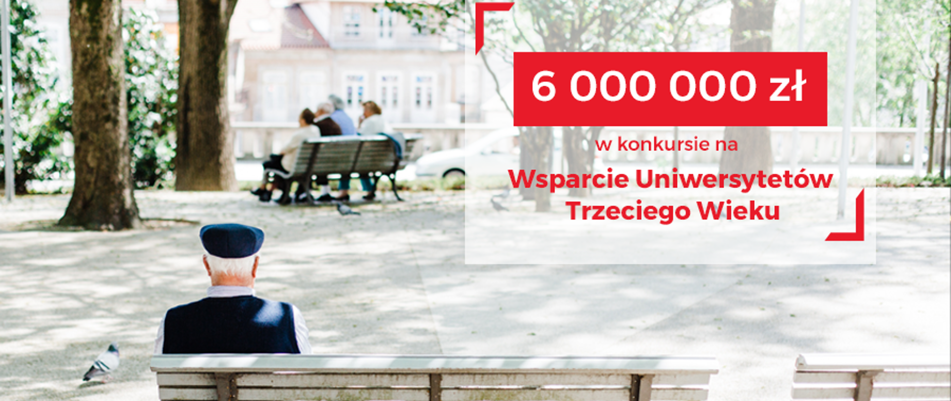 Grafika - senior na ławce i napis 6000000 zł w konkursie na UTW