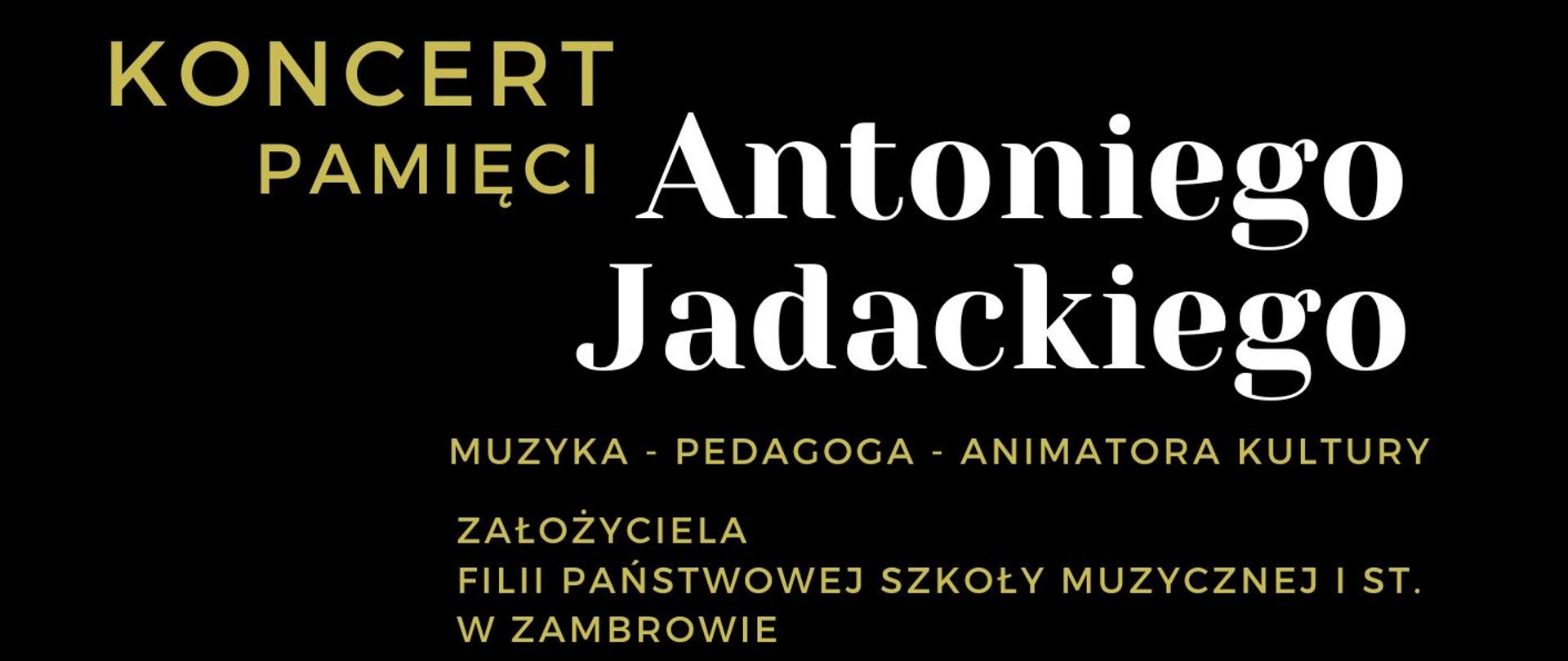 Plakat wyraźnie podzielony jest na 3 segementy. W górnym na czarnym tle umieszczony jest napis informujący o wydarzeniu żółtą czcionką nazwa, białą - nazwisko - znowu żółtą informacje o Jadackim. W środkowej części na szarym tle umieszczone jest zdjęcie klawiatury z profilu w dolmej części - data i miejsce koncertu oraz informacja o bezpłatnym wejściu. W środkowej części na tle zdjęcia klawiatury po prawej stronie umieszczone jest logo szkoły.
