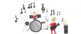 Ilustracja przedstawia dwóch muzyków wykonujących utwór na scenie. Jeden z nich gra na gitarze elektrycznej, ubrany w czerwony strój, a drugi znajduje się za zestawem perkusyjnym, unosząc ręce w geście radości. Perkusja składa się z dużego bębna centralnego oraz kilku mniejszych bębnów i talerzy. W tle unoszą się nuty oraz klucze wiolinowe, symbolizujące muzykę. Po prawej stronie widoczny jest głośnik emitujący kolorowe światła, co sugeruje koncertową atmosferę. Całość oddaje dynamikę i energię występu muzycznego.