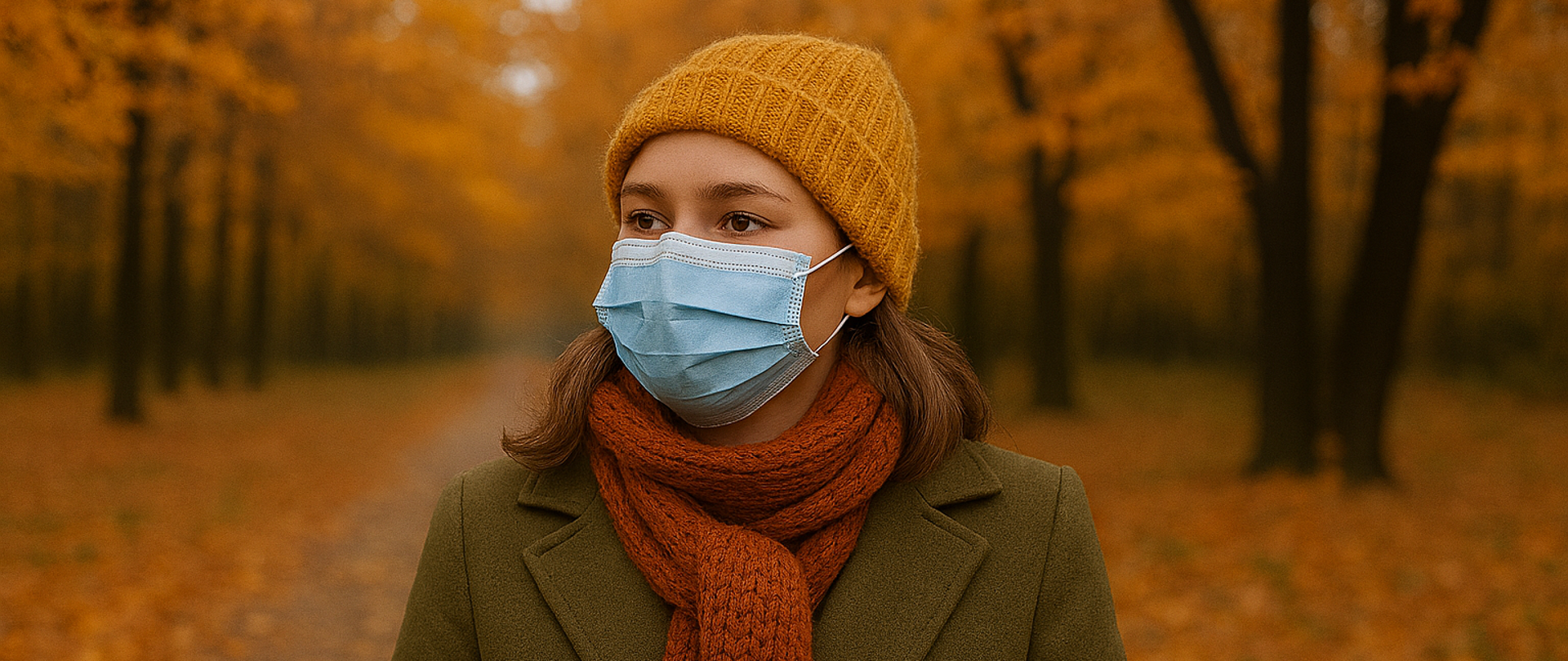 Pani pośród lasu w maseczce chirurgicznej 