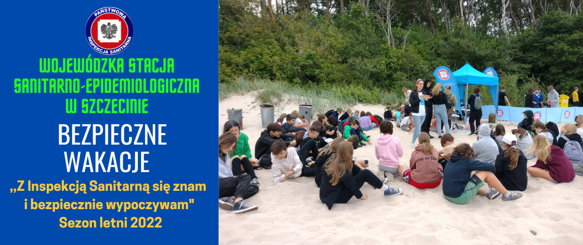 Grafika przedstawia kolorowe hasło akcji oraz fotografię dzieci uczestniczących w prelekcji.