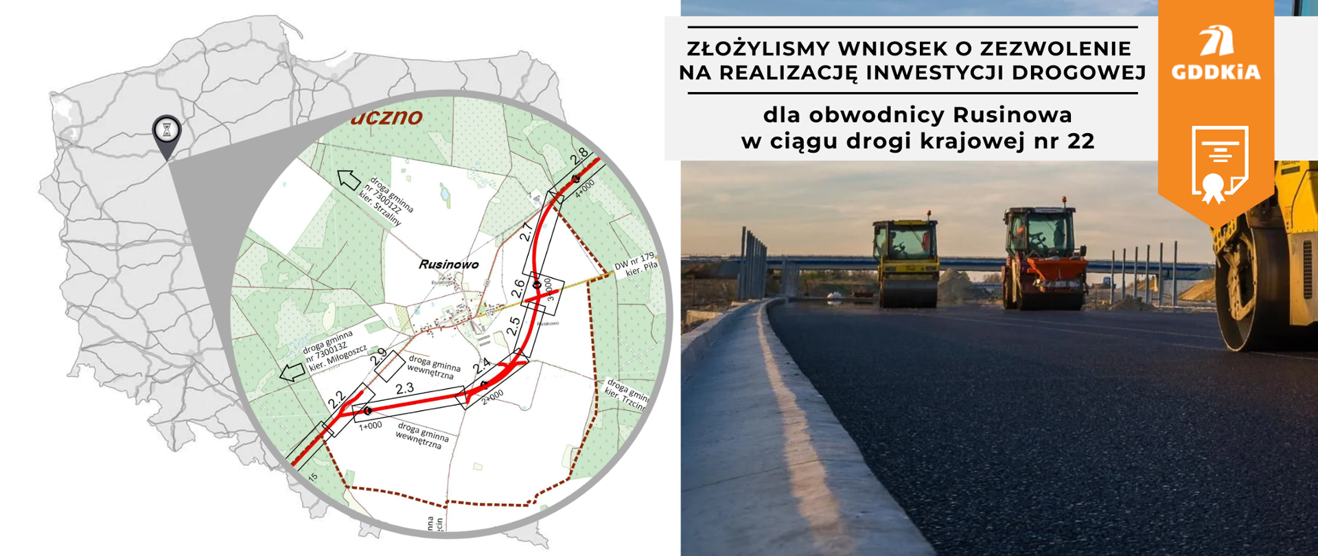 Grafika składa się z dwóch części. Po lewej stronie znajduje się mapa Polski z zaznaczonym obszarem w okolicach miejscowości Rusinowo, gdzie planowana jest budowa obwodnicy. Na mapie widoczne są drogi oraz szczegółowy plan przebiegu nowej trasy. Po prawej stronie znajduje się zdjęcie przedstawiające drogę w trakcie budowy, na której pracują maszyny drogowe. Nad zdjęciem umieszczono napis informujący o złożeniu wniosku o zezwolenie na realizację inwestycji drogowej dla obwodnicy Rusinowa w ciągu drogi krajowej nr 22. W prawym górnym rogu widnieje logo GDDKiA.