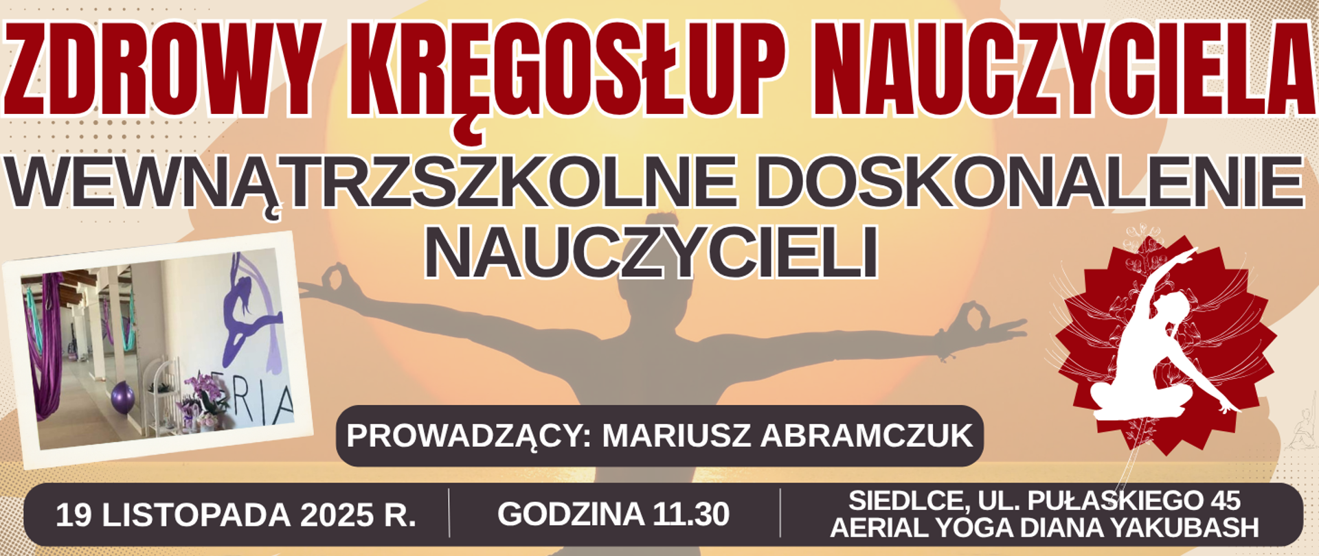 baner z jasnym kolorowym tłem widoczna siedząca postać człowieka z rozłożonymi na rękami po lewej zdjęcie w ramce oraz informacja o wydarzeniu