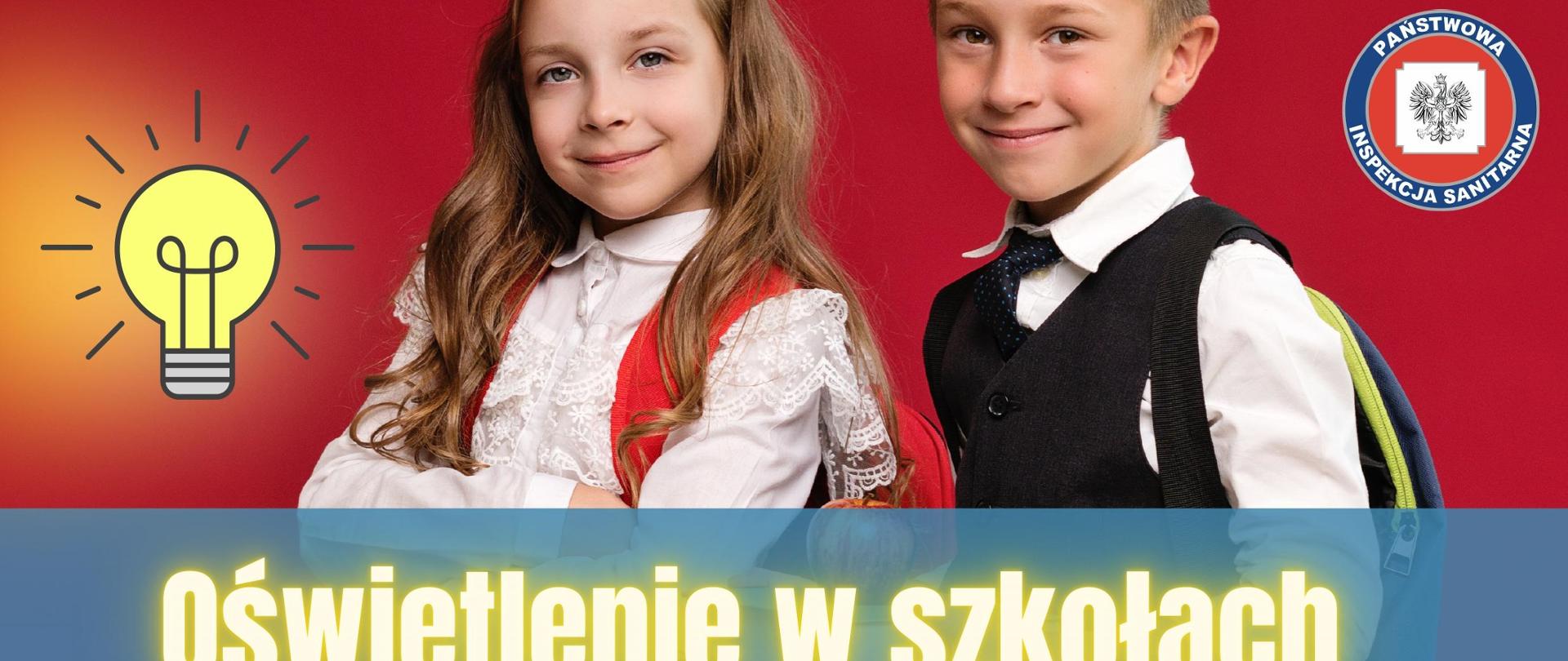 Miniatura ulotki - oświetlenie w szkołach - W lewym rogu żółta żarówka, w środkowej części dzieci z plecakami, z prawej strony na górze logo Inspekcji Sanitarnej.
Na dole napis Oświetlenie w szkołach.