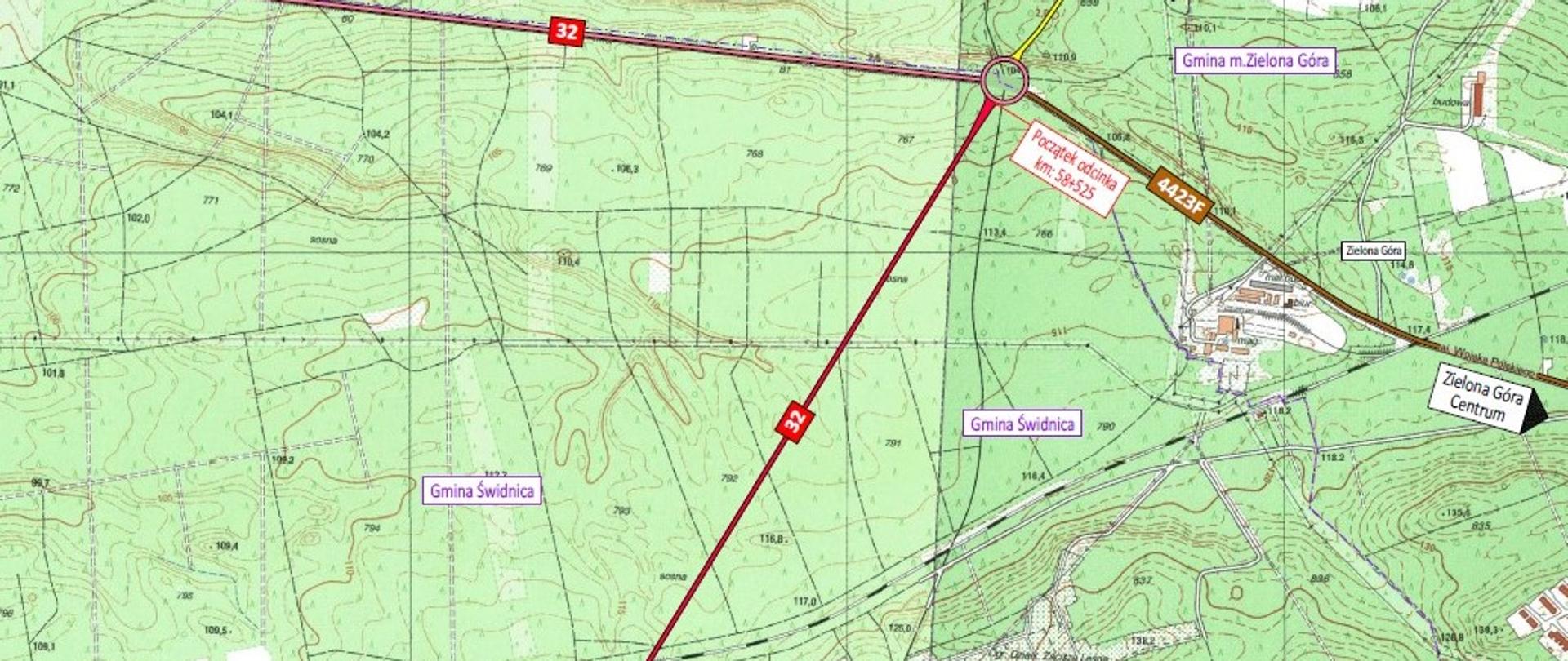 Mapa z zaznaczonym fragmentem DK32.