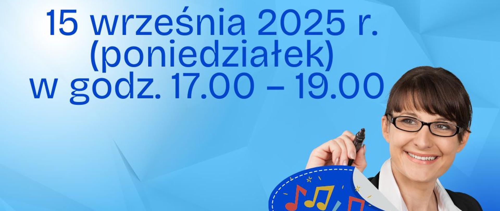 Niebieskie tło plakatu , niebieskie napisy oraz zdjęcie kobiety w okularach i mazakiem w ręku, poniżej kolorowe nutki.