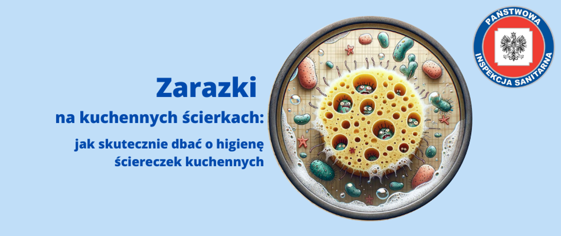 Grafika przedstawia baner z tytułem "Zarazki na kuchennych ścierkach jak skutecznie dbać o higienę ściereczek kuchennych". Centralnym elementem grafiki jest okrągły symbol lupy która powiększa żółtą gąbkę z dużymi oczkami w których ukrywają się zielone bakterie. Gąbka otoczona innymi mikroorganizmami przyjmującymi różne kształty i kolory. W prawym górnym rogu grafiki umieszczono logo Państwowej Inspekcji Sanitarnej. Całość na błękitnym tle, co wpasowuje się w kolorystykę całej strony.
