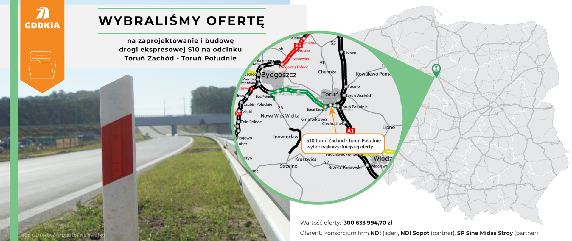 Infografika dot. wyboru najkorzystniejszej oferty w przetargu na projekt i budowę S10 Toruń Zachód - Toruń Południe