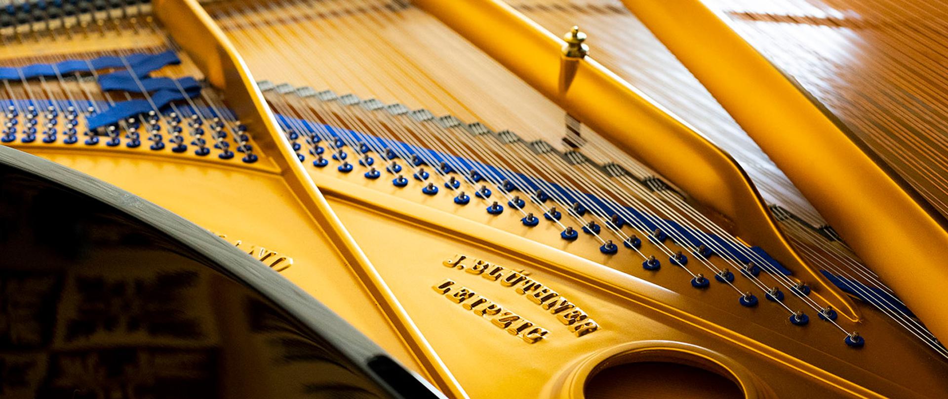 Zdjęcie przedstawia kadr na wnętrze fortepianu. Na zdjęciu widać złocistą stalową ramę fortepianu oraz struny. 