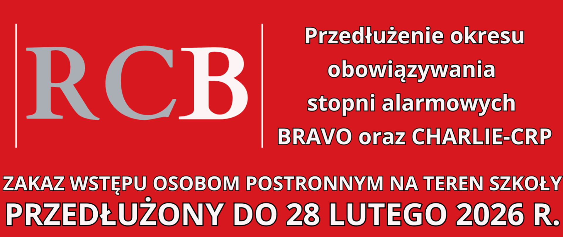 Biały napis na czerwonym tle dotyczący alertu RCB