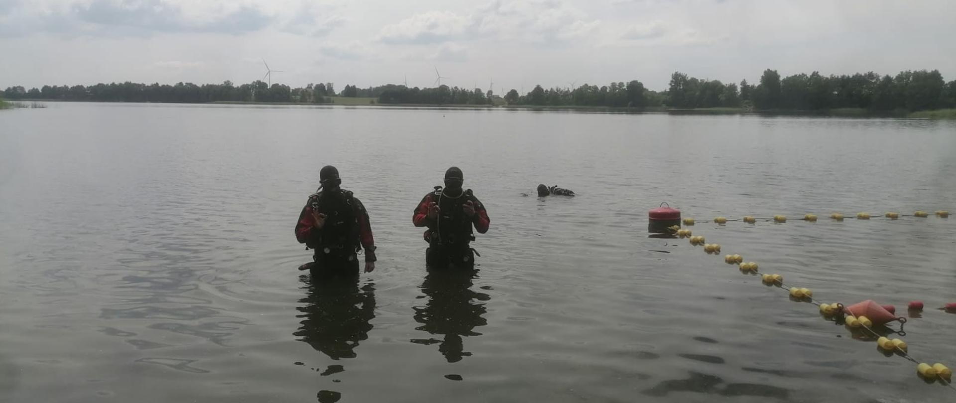 Nurkowie w akwalungach stoją w wodzie