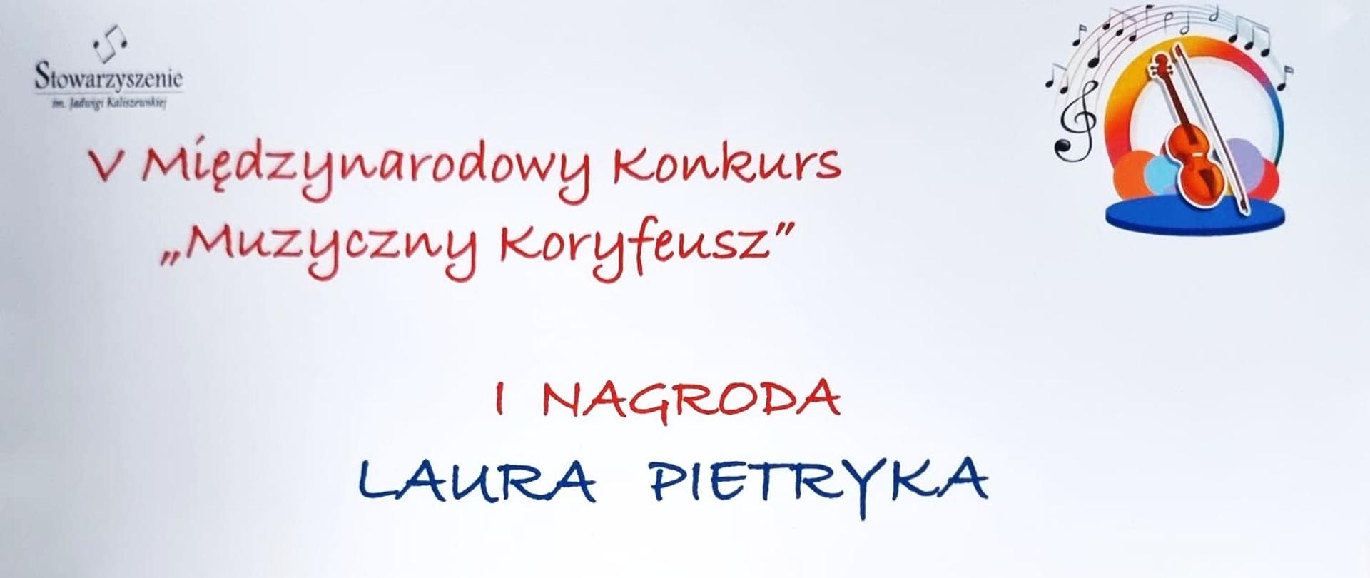 Dyplom V Międzynarodowy Konkurs Muzyczny Koryfeusz Poznań 25.11.2025. Białe tło, czerwone litery, w dolnym rogu fortepian - logo imprezy