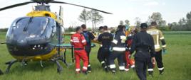 Łąka w Dębnie Polskim. Strażacy wraz z załogą śmigłowca LPR przenoszą chorego z wozu strażackiego, którym pacjent został przetransportowany z miejsca zamieszkania, do śmigłowca. Ze śmigłowca są wysunięte na zewnątrz nosze. W tle widoczne drzewa.