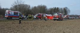 Zderzenie dwóch aut. Okolice Zaborowic. Odcinek jezdni, na którym doszło do wypadku. Widok ogólny na miejsce akcji z pobliskiego pola. Widoczne są trzy wozy straży pożarnej i dwie karetki pogotowia ratunkowego. W tle drzewa.