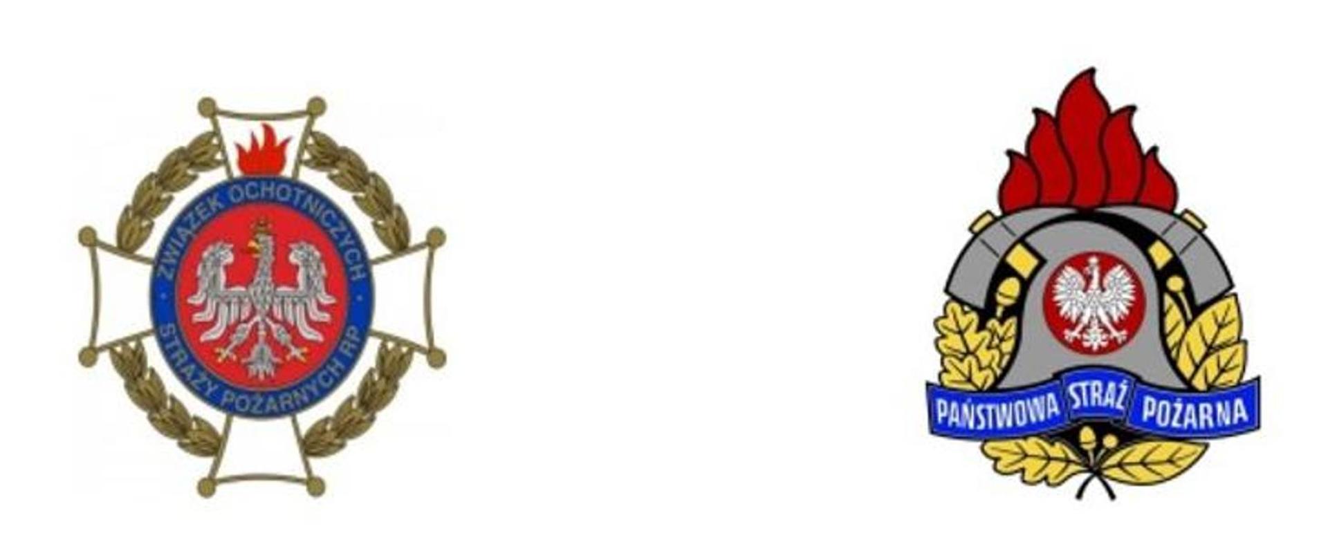 Logo Związku Ochotniczych Straży Pożarnych oraz logo Państwowej Straży Pożarnej 