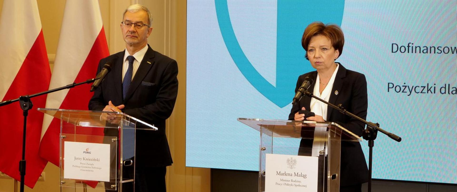 minister rodziny, pracy i polityki społecznej Marlena Maląg i prezes PGNiG Jerzy Kwieciński podczas konferencji