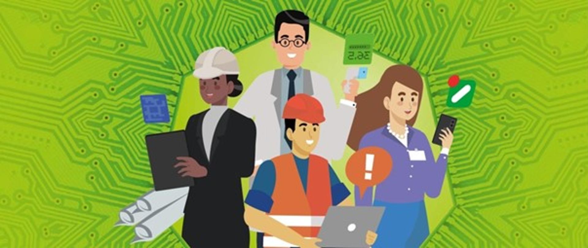 Grafika przedstawiająca pracowników różnych dziedzin w ich strojach służbowych i wyposażonych w urządzenia potrzebne do pracy.