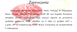 Zdjęcie przedstawia zaproszenie na powiatowy opłatek strażacki, w tle jest bombki na choinkę.
