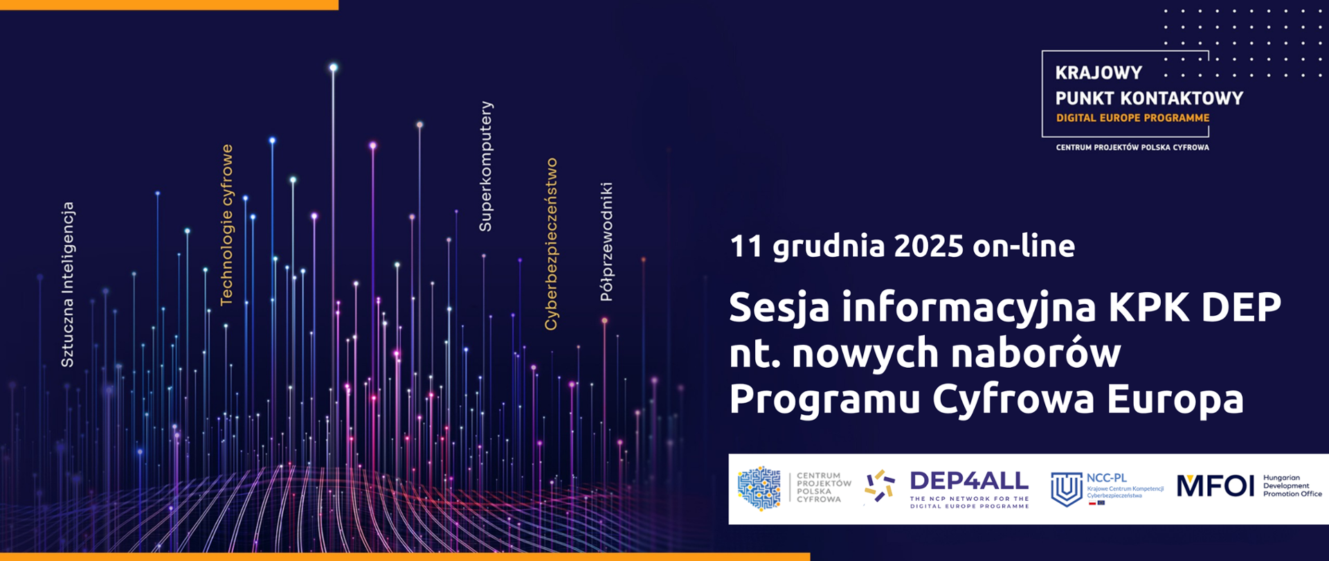 Programu Cyfrowa Europa. Na głównym planie po prawej stronie widnieje biały napis „11 grudnia 2025 on-line Sesja informacyjna nt. nowych naborów Programu Cyfrowa Europa” Pod nim znajduje się biały pasek z logotypami Centrum Projektów Polska Cyfrowa, projektu DEP4ALL – The NCP Network for The Digital Europe Programme, projektu NCC-PL (Krajowego Centrum Kompetencji Cyberbezpieczeństwa oraz MFOI - Biura Promocji Węgierskiego Rozwoju pełniącego funkcję Krajowego Punktu Kontaktowego dla Programu Cyfrowa Europa na Węgrzech. W lewej części znajduje się abstrakcyjna grafika przedstawiająca różnokolorowe promienie przebijające pofalowaną płaszczyznę. Nad promieniami umieszczono pionowo napisy: Sztuczna Inteligencja, Technologie cyfrowe, Superkomputery, Cyberbezpieczeństwo oraz Półprzewodniki.
