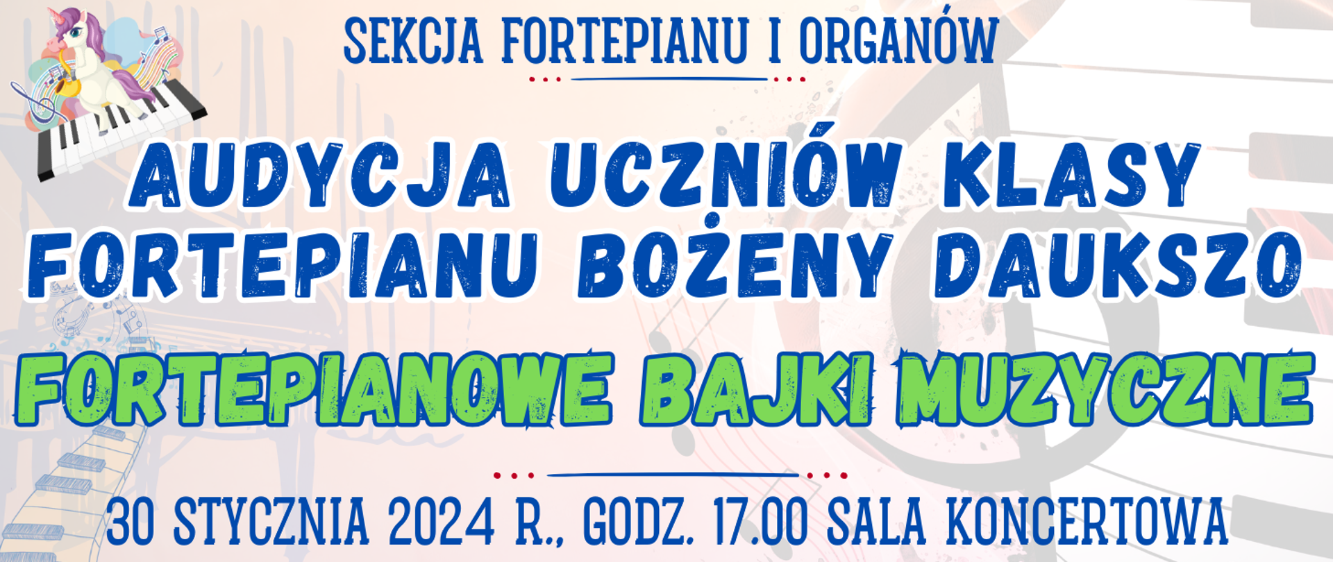 kolorowe tło z muzycznymi elementami typu clipart oraz informacja o wydarzeniu