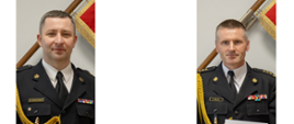 Dwóch strażaków w mundurach wyjściowych ze sznurem trzyma białe teczki za nimi jest widoczny część sztandaru Komendy Głównej Państwowej Straży Pożarnej.