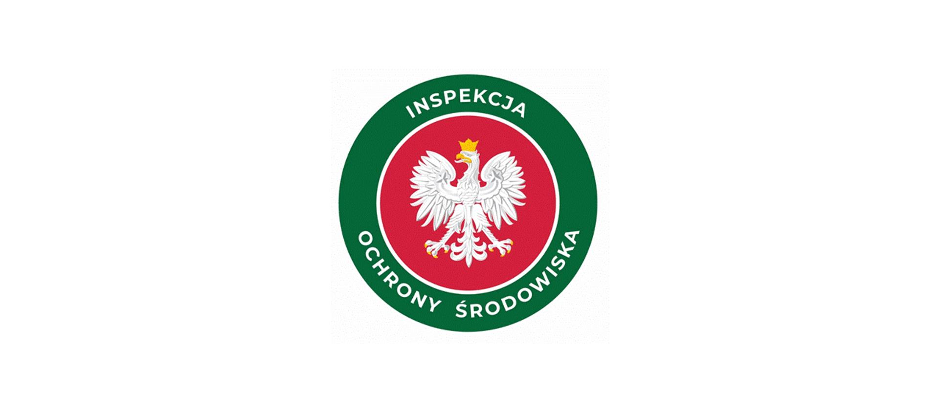 Okrągłe logo Inspekcji Ochrony Środowiska. Godło Polski, Orzeł w koronie, na czerwonym tle umieszczone wewnątrz zielonego okręgu z napisem Inspekcja Ochrony Środowiska.
